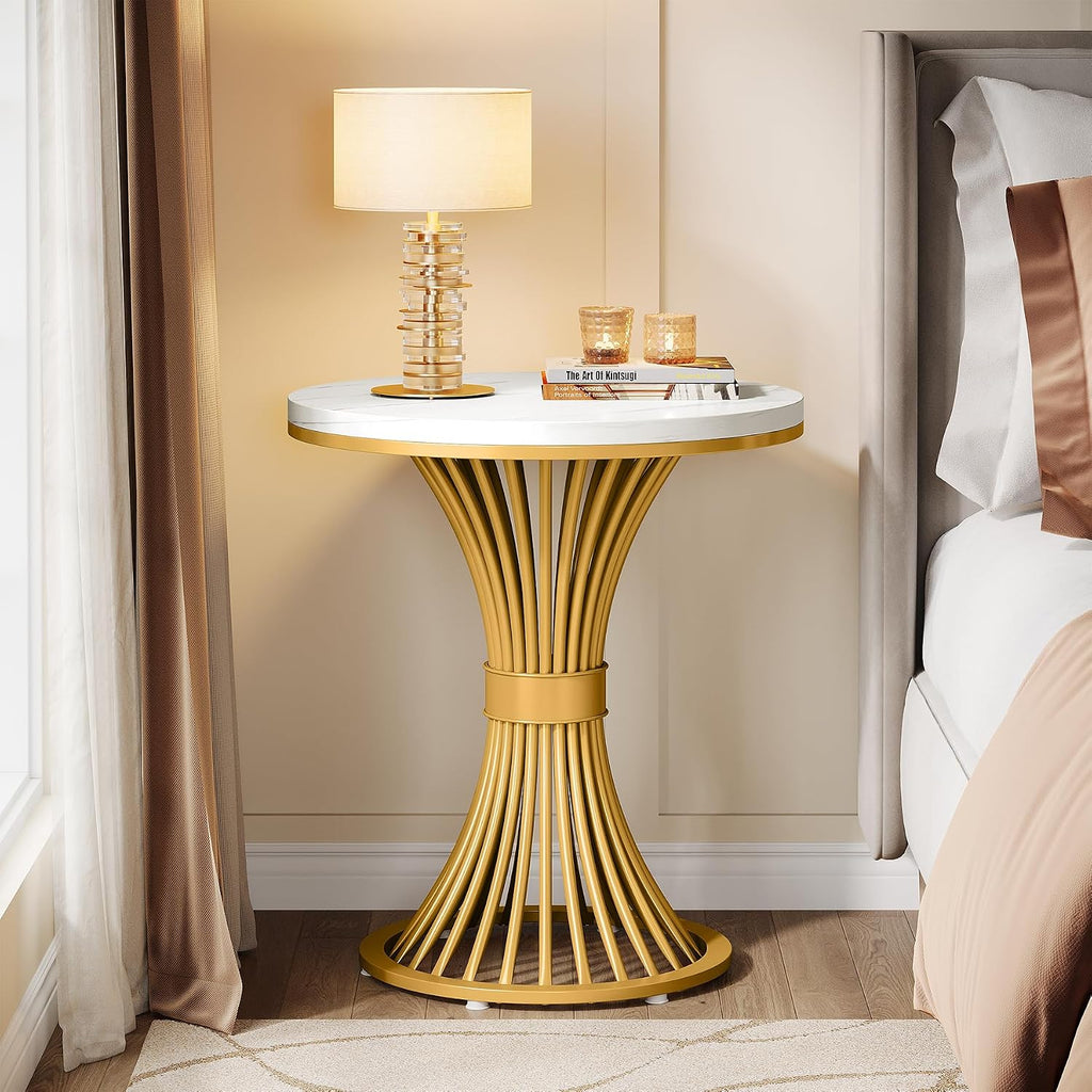 Tribesigns Round End Table, Modern Faux Marble Side Table with Gold Metal Base, Small White Gold Bedside Nightstand, Wooden Accent Table for Living Room, Bedroom, Sofa Side, White & Gold