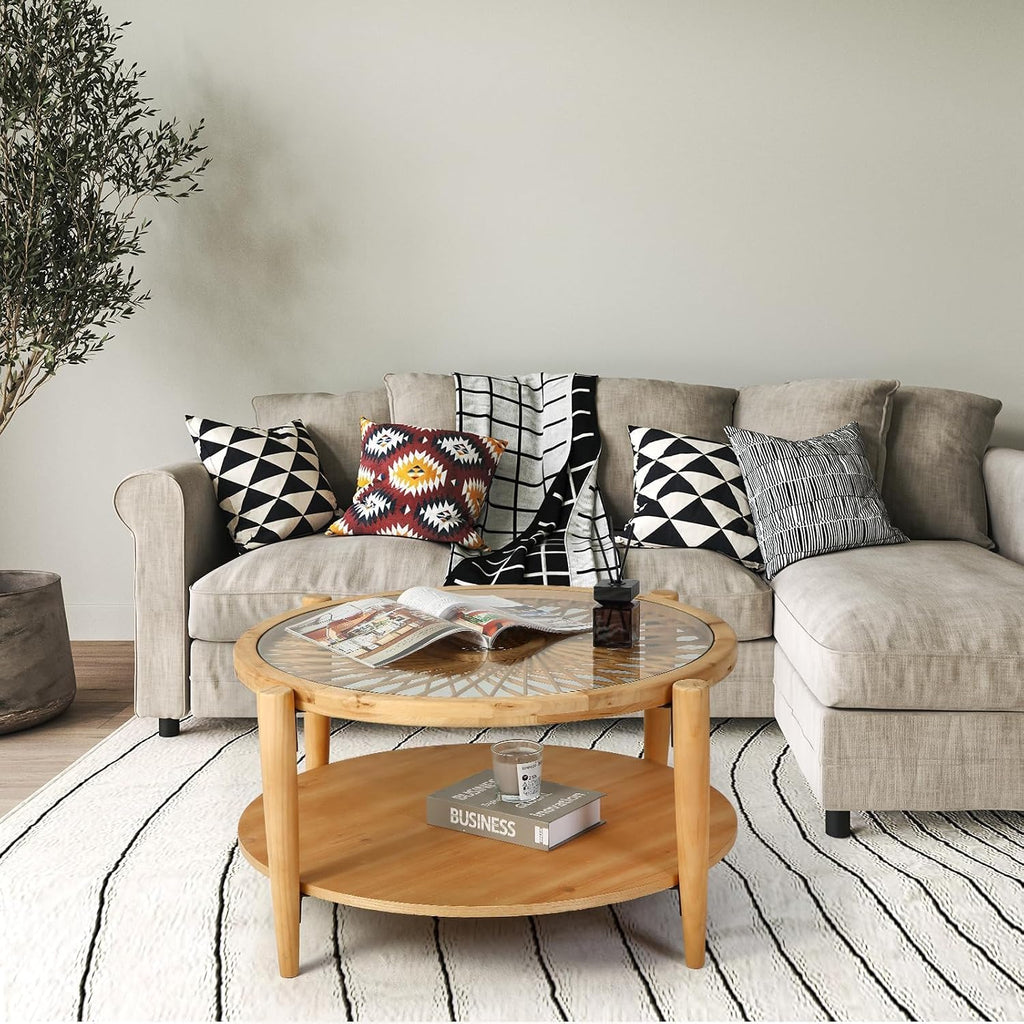RUSTOWN Rattan Coffee Tables,2-Tier Round Boho Cocktail Tables, Mid Century Modern Coffee Table with Rattan & Tempered Glass Top and Wood Legs, Sofa Table for Living Room(Natural)