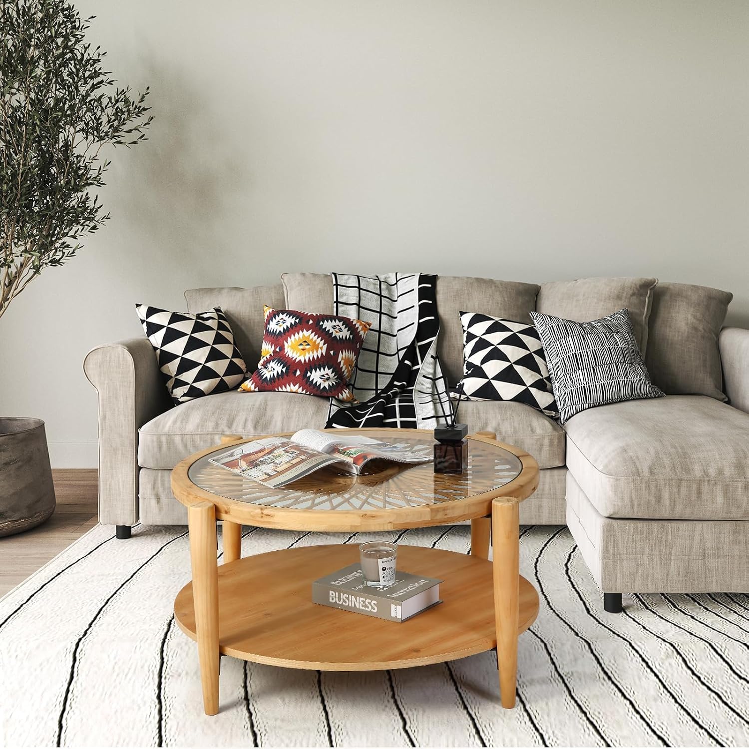 RUSTOWN Rattan Coffee Tables,2-Tier Round Boho Cocktail Tables, Mid Century Modern Coffee Table with Rattan & Tempered Glass Top and Wood Legs, Sofa Table for Living Room(Natural)