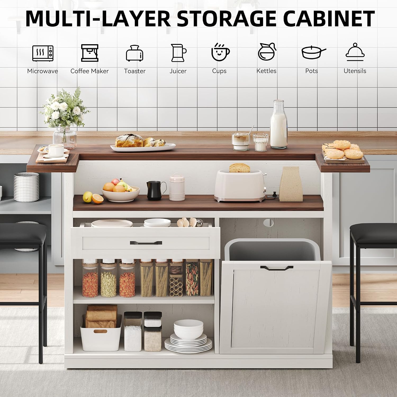 Kitchen Island with Storage, Rolling Kitchen Islands with Storage, 55' W Large Island Table, Breakfast Bar Counter with Drop Leaf, Trash Can Cabinet, Power Outlet for Dining Room, Walnut