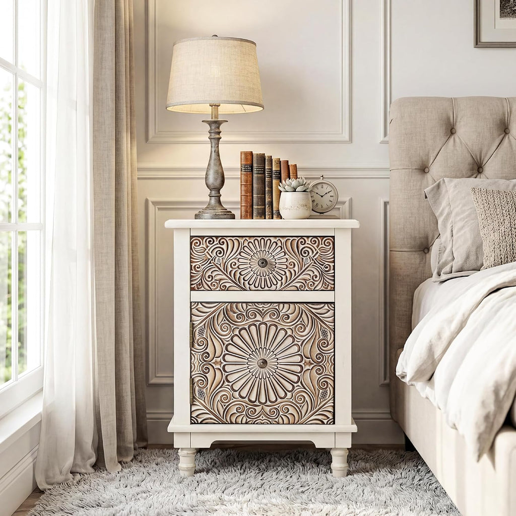 COSIEST 2 Drawers Accent Dresser, Vintage Small Accent Chest with 4 Wood Legs, Free-Standing Buffet Server Nightstand End Table for Bedroom, Living Room, Entryway
