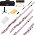 Mendini By Cecilio Flute - 16 Keys Closed Hole C Flute Instrument For Beginners with Carrying Case, Cork Grease, Stand, Lesson Book, Cleaning Kit, Gloves (Pink)
