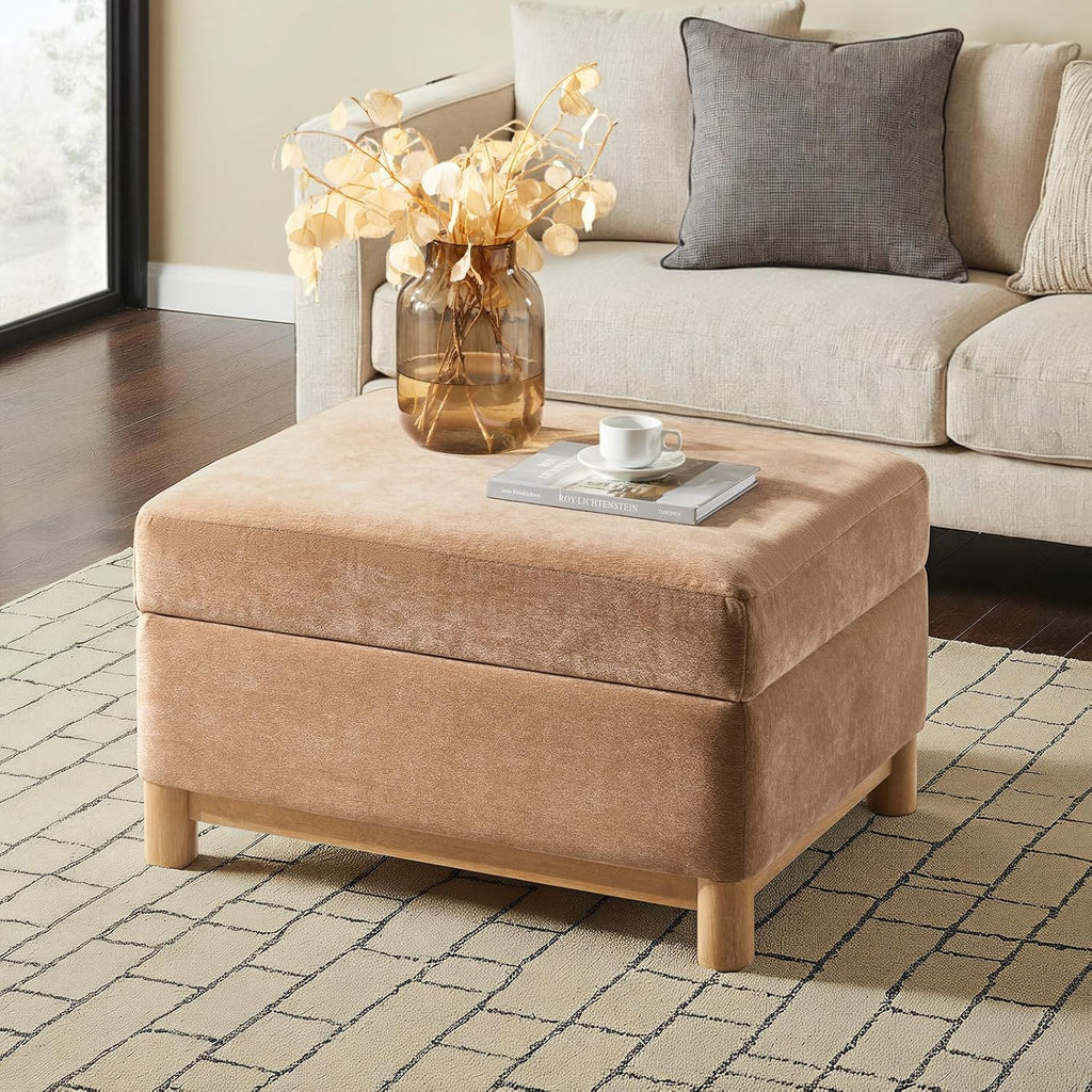 HULALA HOME 30.25' Ottoman Coffee Table with Reversible Tray Lid, Modern Upholstered Storage Ottoman with Solid Wood Base, Removable Top, Footrest and Extra Seating for Bedroom or Living Room, Camel