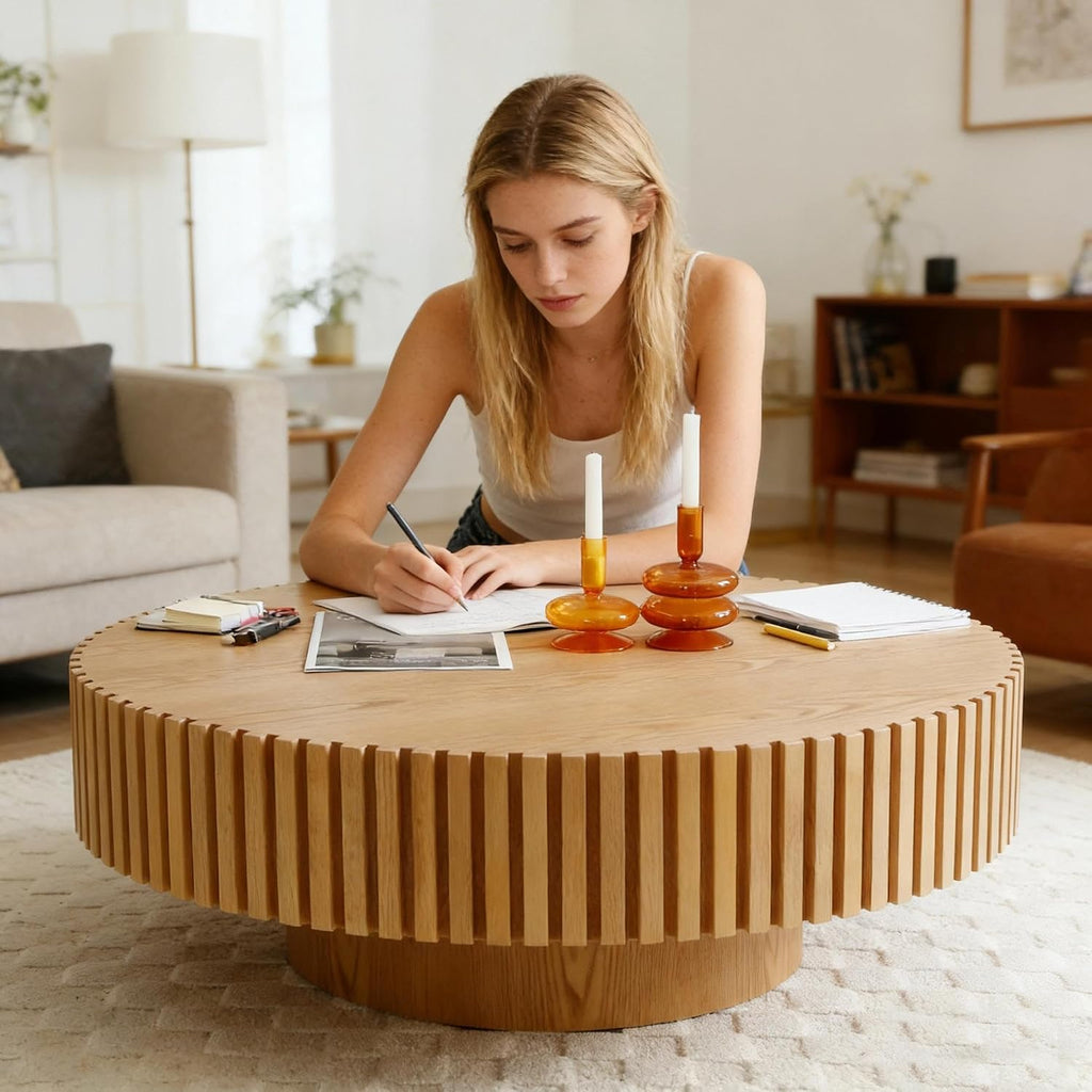 Round Coffee Table for Living Room Contemporary Wood Circle Fluted Coffee Table for Apartment, Easy Assembly ø31.49'', Wood Oak