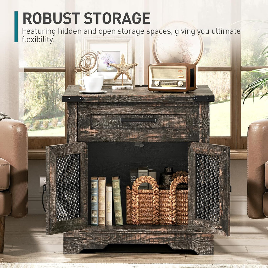 RALGEND Farmhouse End Table with Charging Station, 24' Large Sofa Side Table with Drawer, Large End Table for Living Room, Wooden Nightstand with Outlet, Square, Dark Rustic Oak