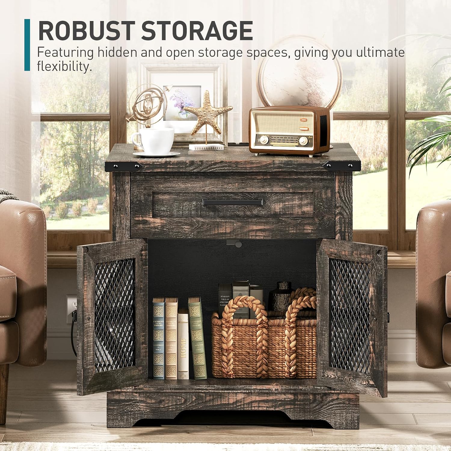 RALGEND Farmhouse End Table with Charging Station, 24' Large Sofa Side Table with Drawer, Large End Table for Living Room, Wooden Nightstand with Outlet, Square, Dark Rustic Oak