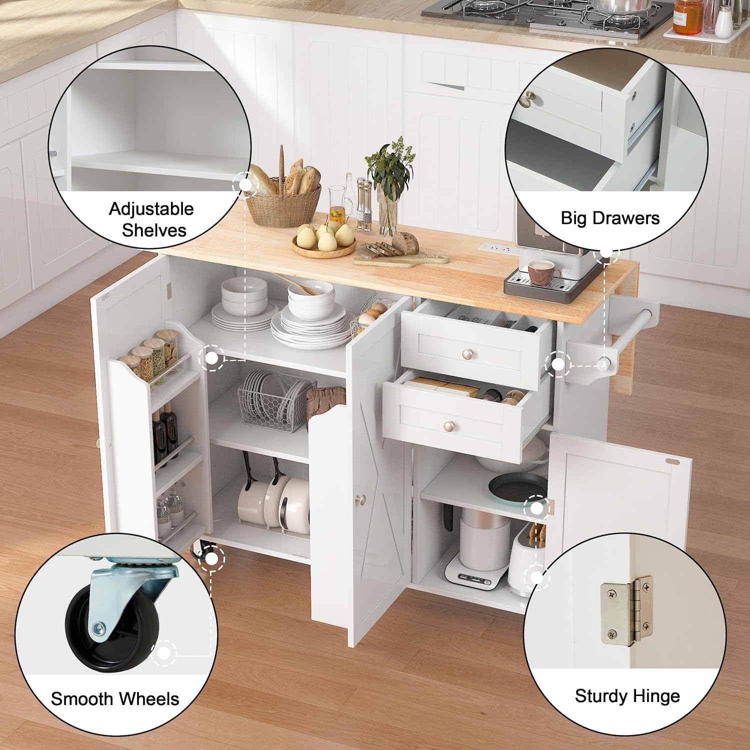 HOMREST 50.4' Kitchen Island with Drop Leaf & Power Outlet, Farmhouse Rolling Island Cart with 3 Spices Shelves on Wheels, Mobil Kitchen Island Table with Rubberwood Countertop Towel Rack, White