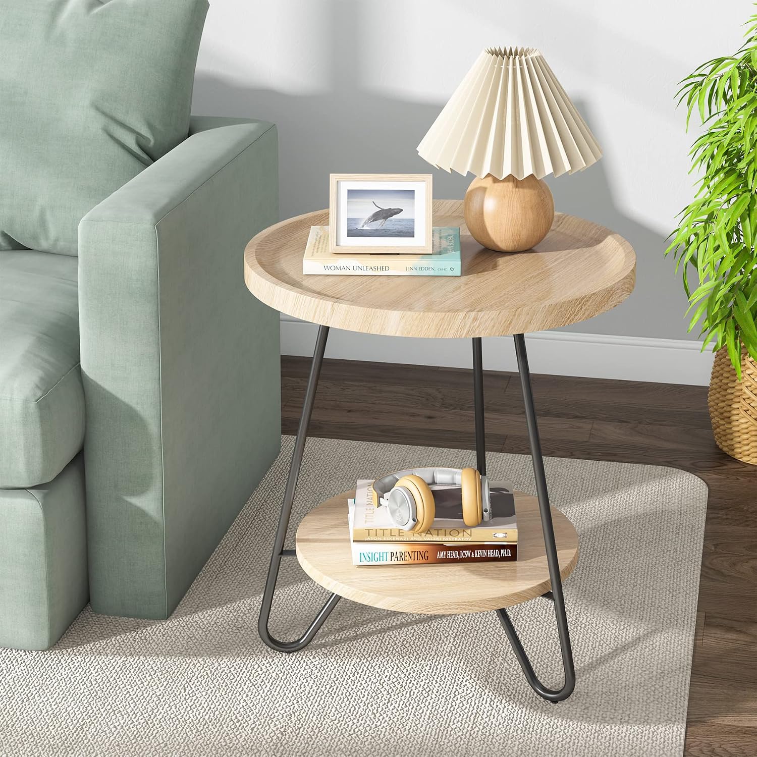 Tribesigns Set of 2 Round Side Table, 2-Tier End Table with Metal Legs, Modern Industrial Beside Table, Small Accent Table Snack Table for Living Room, Bedroom, Small Space, Wood Color