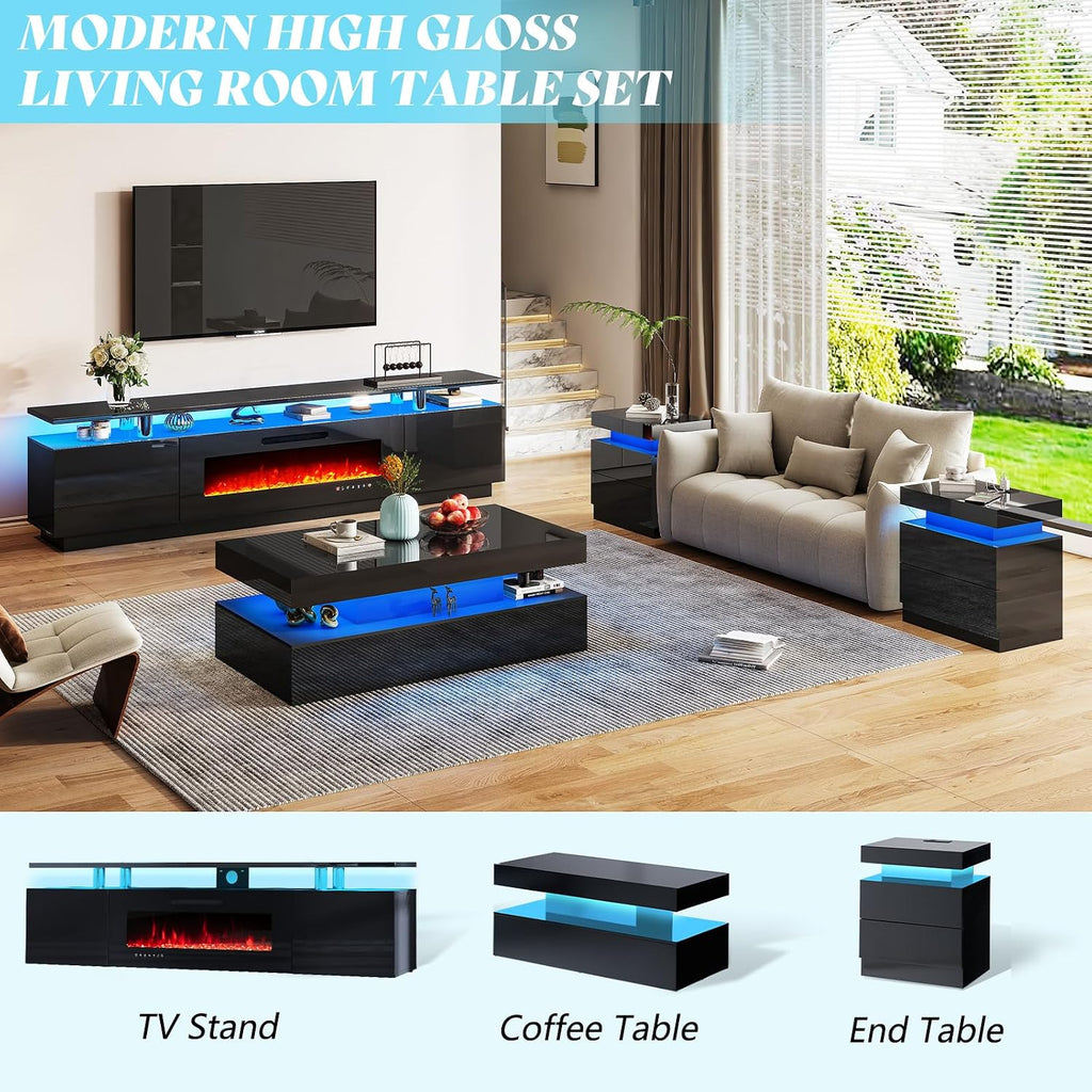 AMERLIFE High Gloss LED Nightstand Set of 2 with Charging Station, Modern Bedside Table Night Stand with LED Lights, Sofa End Side Tables with Drawers for Bedroom Living Room, Black
