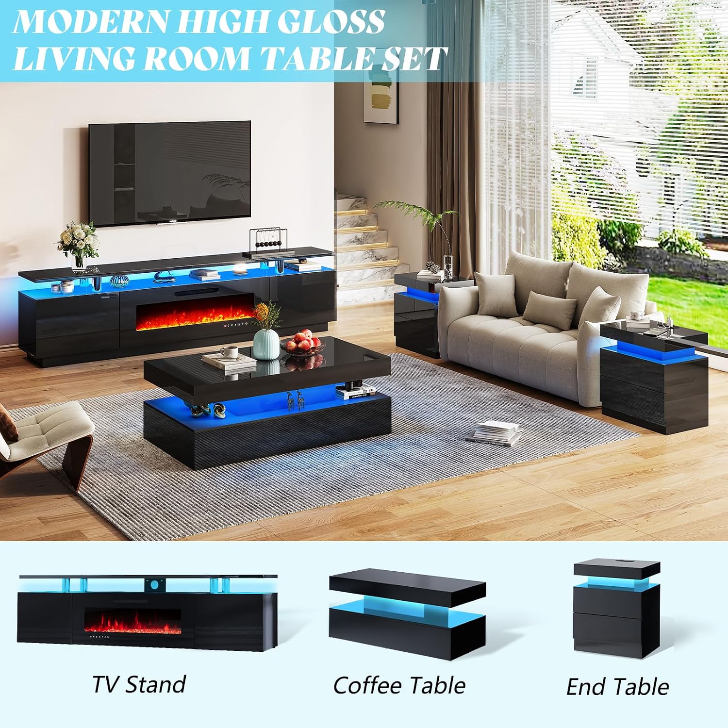 AMERLIFE High Gloss LED Nightstand Set of 2 with Charging Station, Modern Bedside Table Night Stand with LED Lights, Sofa End Side Tables with Drawers for Bedroom Living Room, Black