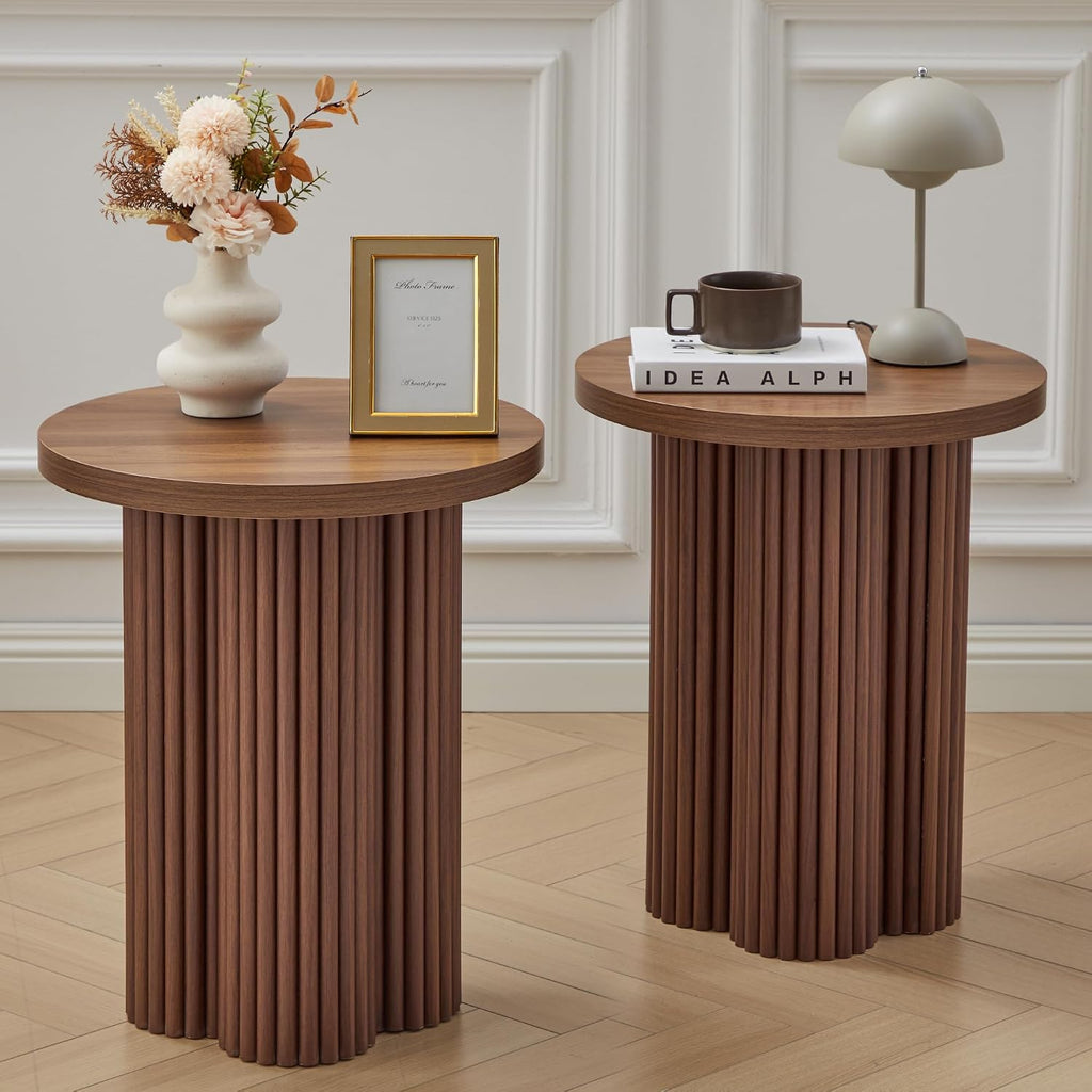Small Sofa Side Table Set of 2, Fluted Accent Pedestal End Table, Wood Round Night Stand, Farmhouse Bed Side Table Drink Tables for Living Room, Small Spaces (Walnut-2PCS)