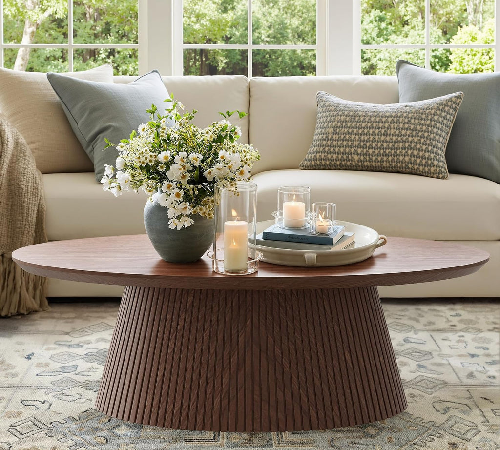 win2win Oval Coffee Table, Mid Century Modern Coffee Table with Fluted Design, Small Funky Tea Table with Wood Grain Veneer, Minimalist Center Table for Living Room, Apartment, Office, Walnut