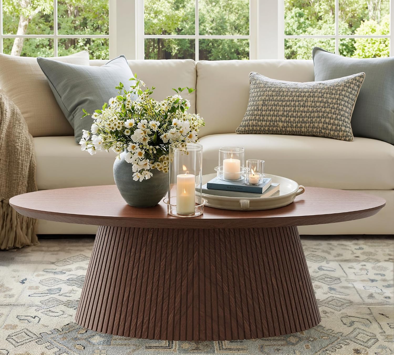 win2win Oval Coffee Table, Mid Century Modern Coffee Table with Fluted Design, Small Funky Tea Table with Wood Grain Veneer, Minimalist Center Table for Living Room, Apartment, Office, Walnut