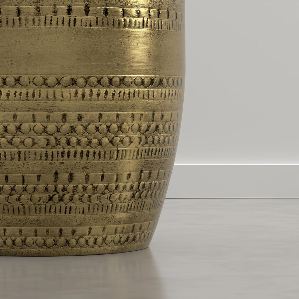 SIMPLIHOME Johnsen Tribal Accent Table – 15 inch Wide Round Metal Drum Table in Burnished Gold, Boho Modern Side Table for Living Room with Embossed Tribal Pattern, Assembled