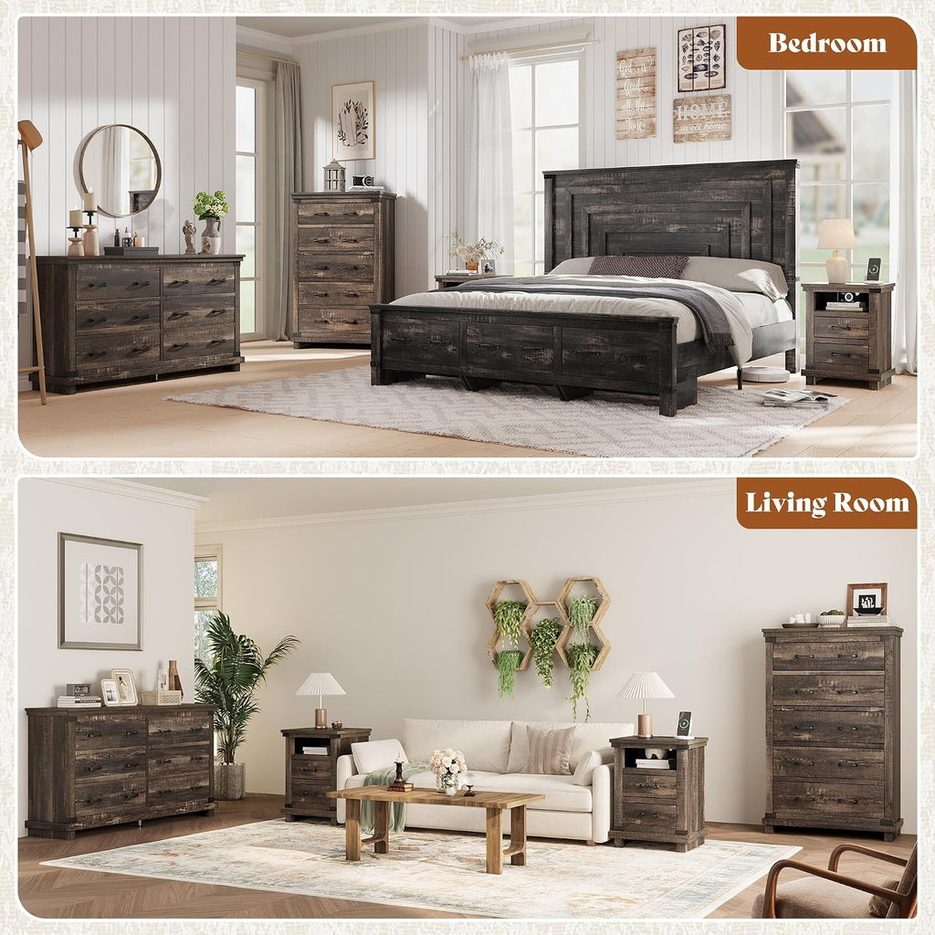 AMERLIFE Farmhouse End Table Set of 2, 18' Wood Night Stand with Charging Station & 2 Storage Drawers, Heavy Duty Bedside Nightstands for Bedroom, Living Room, Black Oak