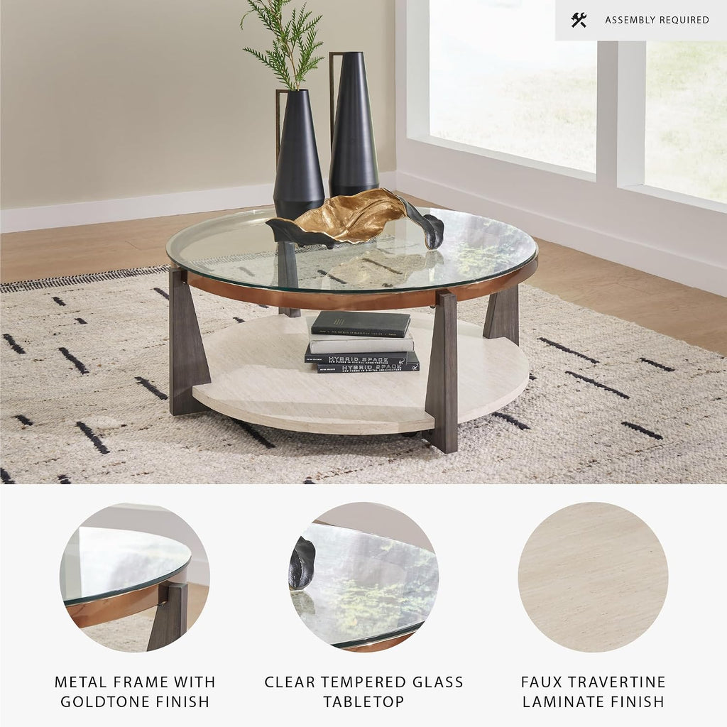 Signature Design by Ashley Frazwa Round Glasstop Coffee Table, Gray/Brown/Gold