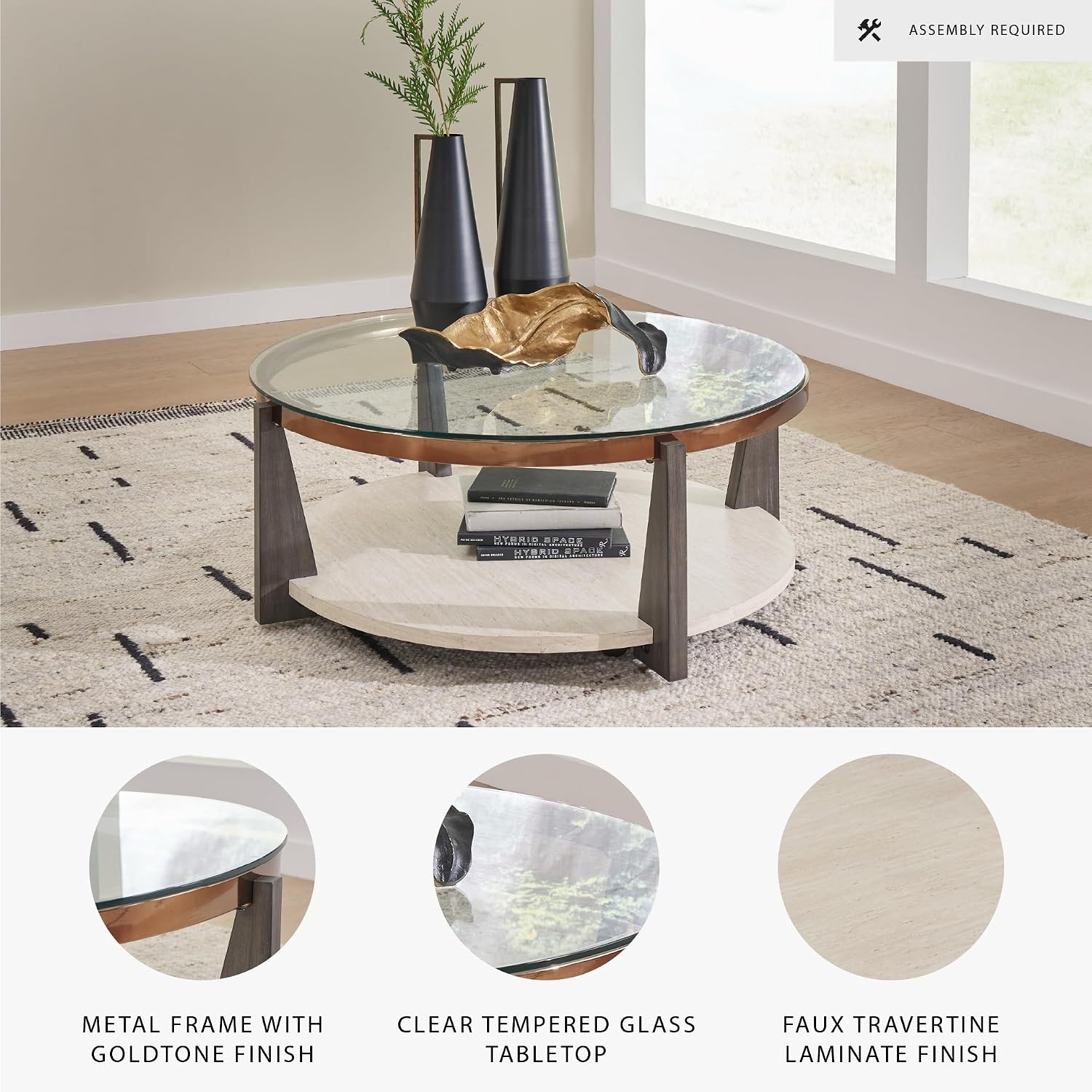 Signature Design by Ashley Frazwa Round Glasstop Coffee Table, Gray/Brown/Gold