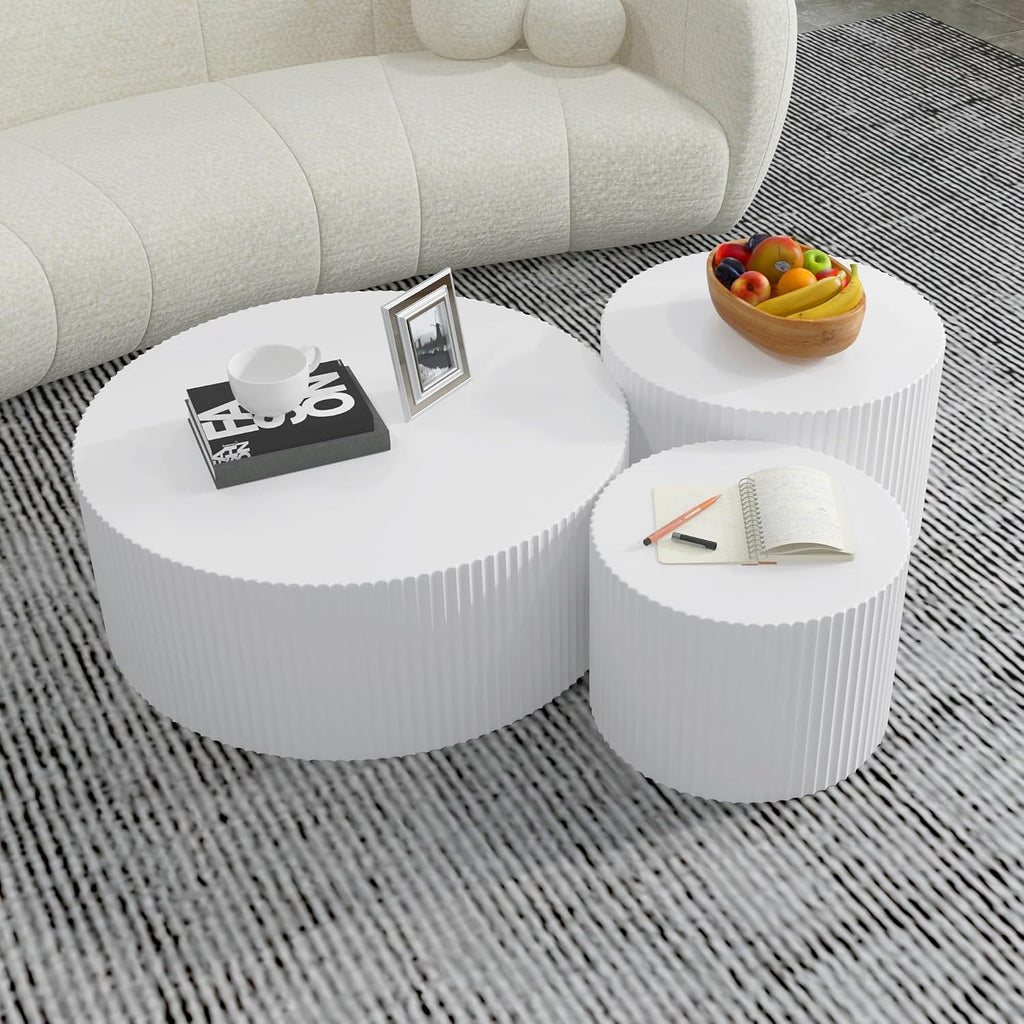 WILLIAMSPACE White Round Coffee Table Set of 3, Modern Circle Wood Coffee Table Set, 3 Peice Nesting Coffee Accent Side Table End Table for Home Office, No Assembly (3 PCS, White)