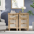 WAMPAT 2 Pack End Table with Charging Station, Wood Side Sofa Table with Drawer and Storage Cabinet, Rattan Weaving Nightstand with Power Outlets & USB Ports for Living Room, Bedroom, Oak