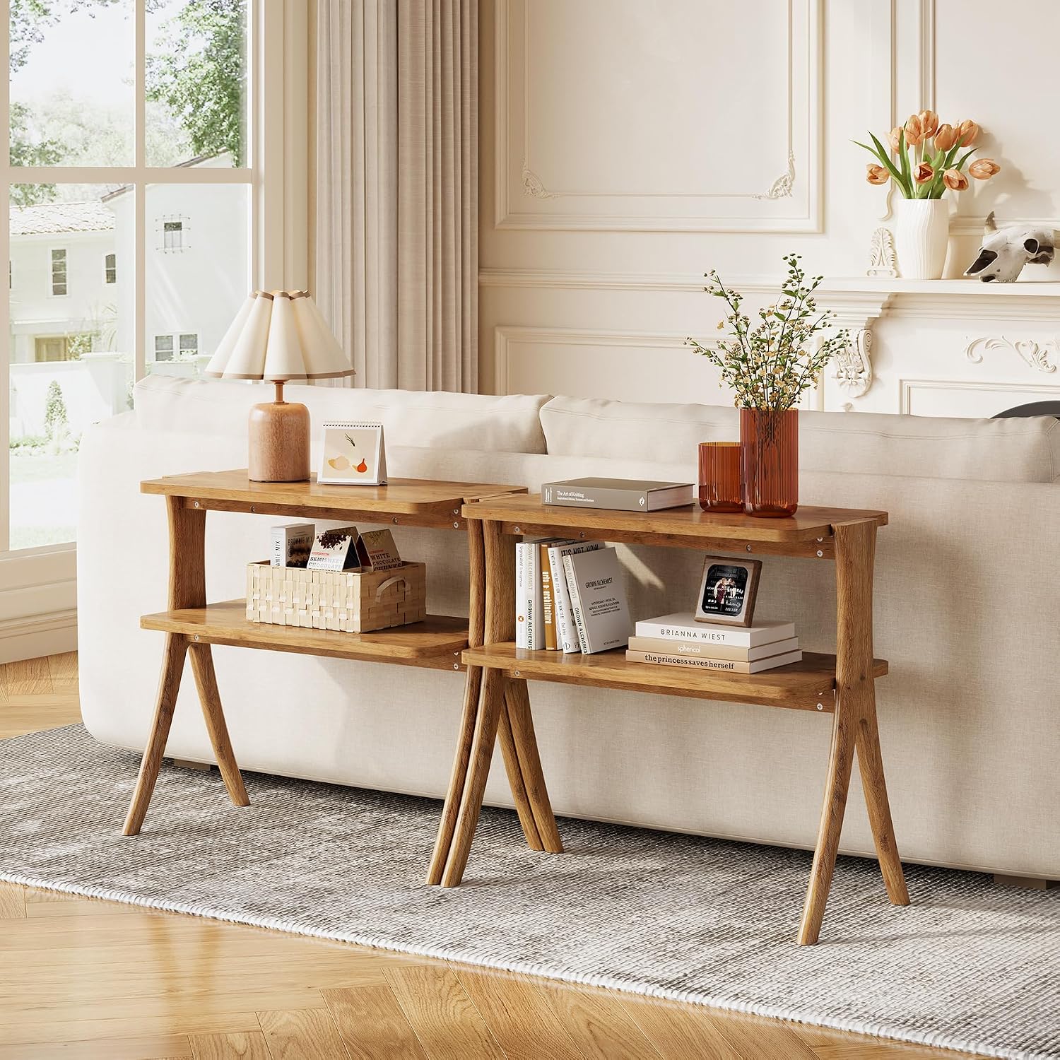 LITTLE TREE Narrow Side Table Set of 2, Small Side Table, 2-Tier Farmhouse End Table with Solid Wood Legs, Space-Saver for Living Room, Bedroom, Entryway (Light Walnut)