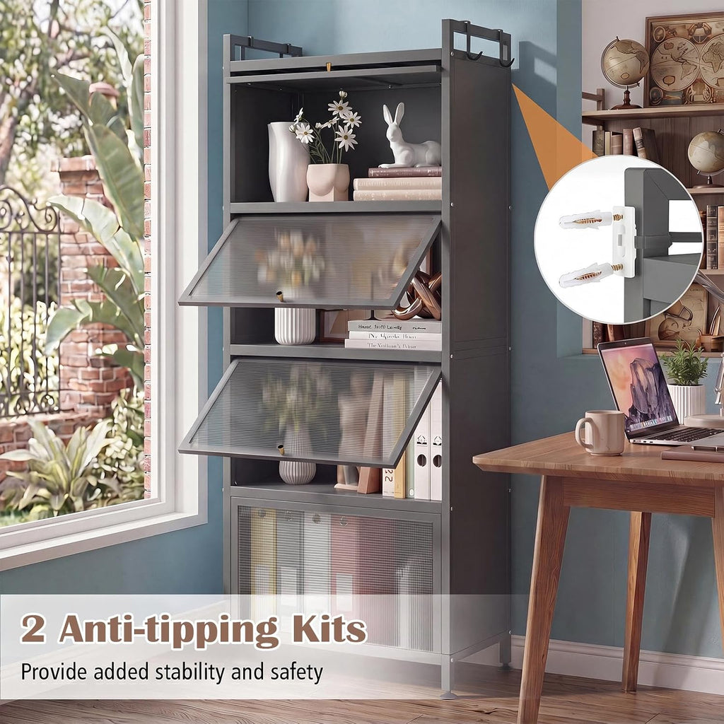LOKO 5-Tier Kitchen Storage Cabinet,Freestanding Baker's Rack with 4 Rolling Casters, Mobile Microwave Stand with Double Anti-toppling Device, for Dining Room, Living Room and Study (Grey, 60.5' H)