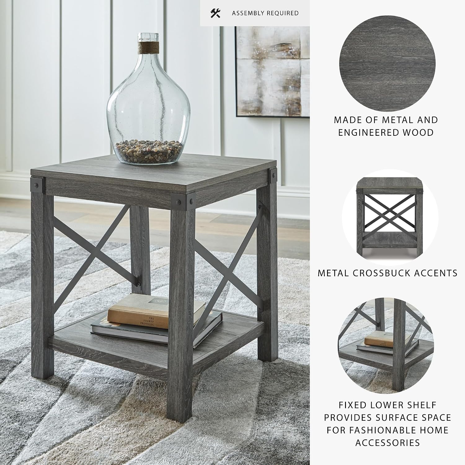 Signature Design by Ashley Freedan Rustic Square Farmhouse End Table, Wood, Metal Crossbuck Accents, Lower Display Shelf, 22.63' High, Gray