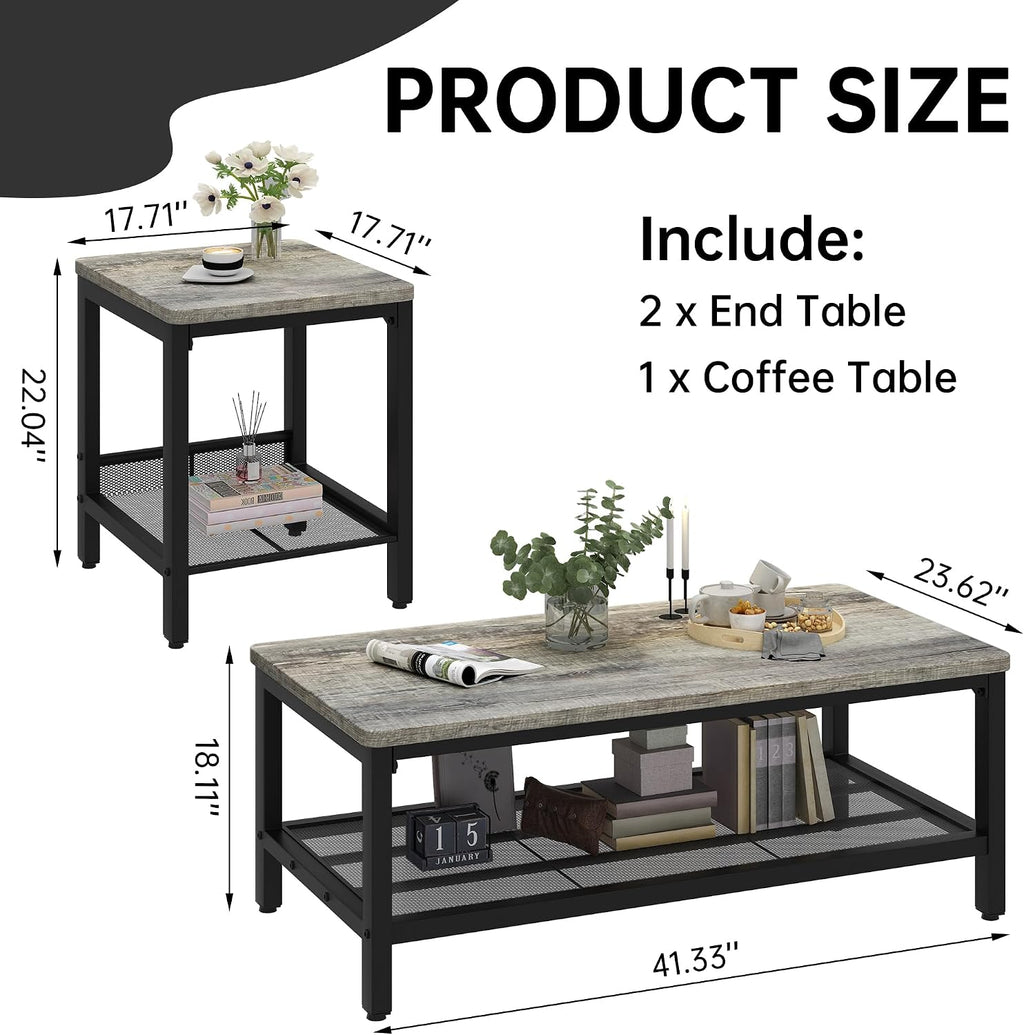 Lamerge Coffee Table Set of 3 Coffee Table and end Table Sets, Modern Metal Frame Living Room Center Table for Small Apartment Home Office（Gray）