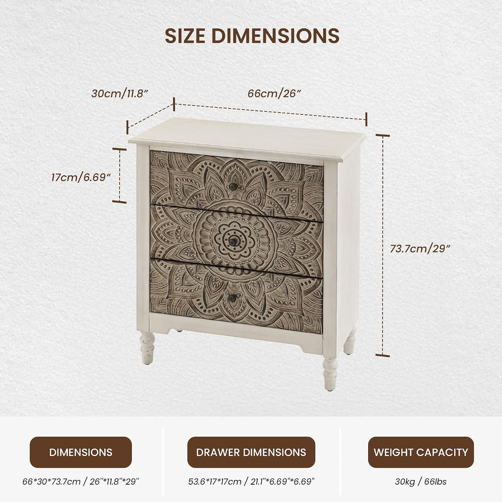 COSIEST 3 Drawers Nightstand, Accent Dresser, 29'' Tall Wood Vintage Small Accent Chest, Bedside Table,Bedroom Furniture for Home, Entryway (Lotus Pattern)