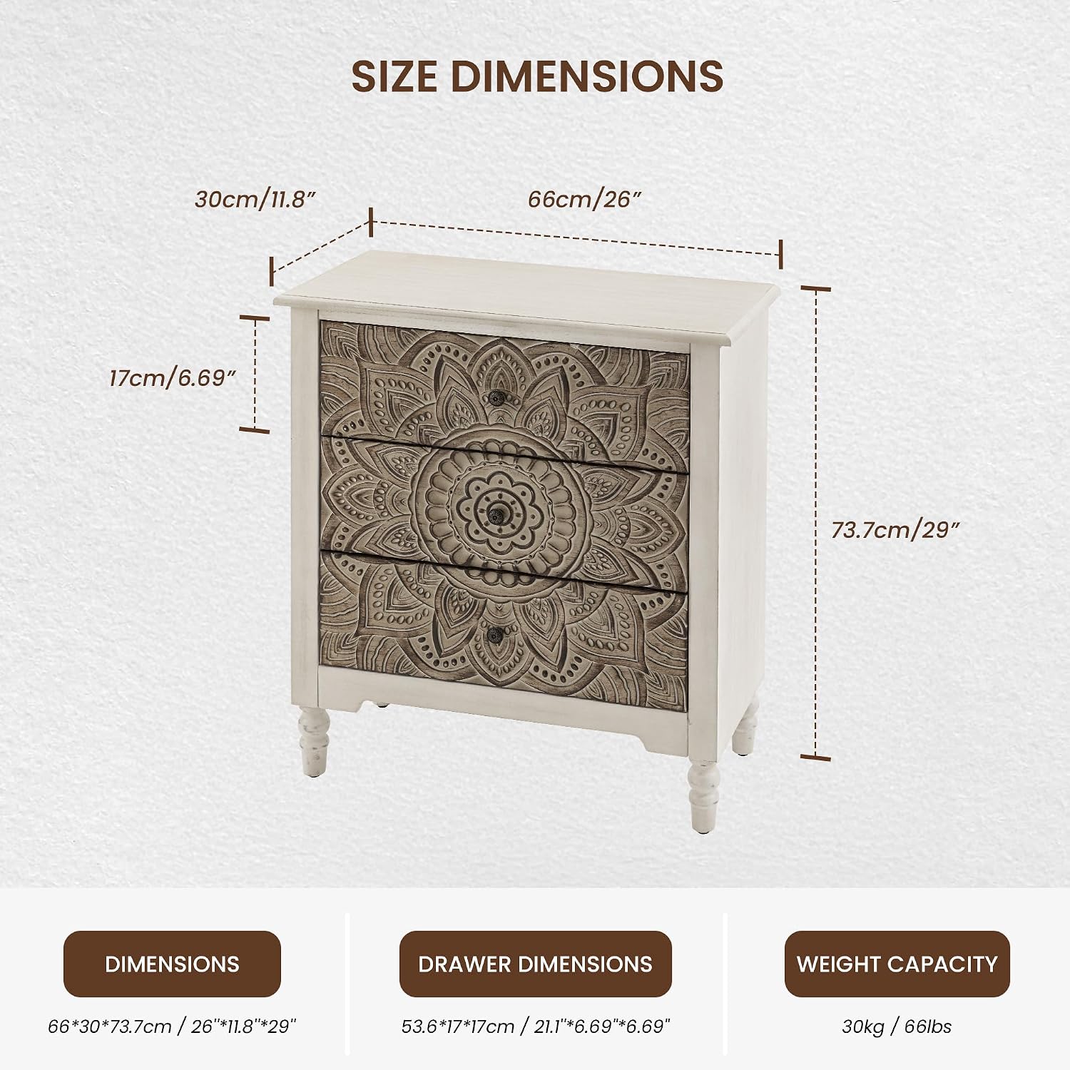 COSIEST 3 Drawers Nightstand, Accent Dresser, 29'' Tall Wood Vintage Small Accent Chest, Bedside Table,Bedroom Furniture for Home, Entryway (Lotus Pattern)