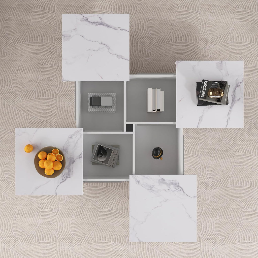 Merax Coffee Table, Modern Extendable Coffee Table with 4 Hidden Storage Compartments, UV High-Gloss Square Center Cocktail Table with Sliding Tabletop for Living Room, 39.4'x 39.4' (White)