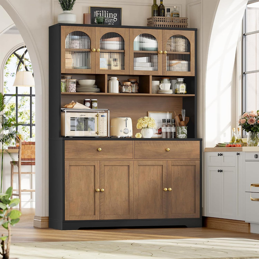 FINETONES 71' Pantry Cabinet, Tall Kitchen Pantry Storage Cabinet with Charging Station, 47.2' Wide Kitchen Hutch Food Storage Cabinets with Open Countertop for Dining Room, Black/Brown