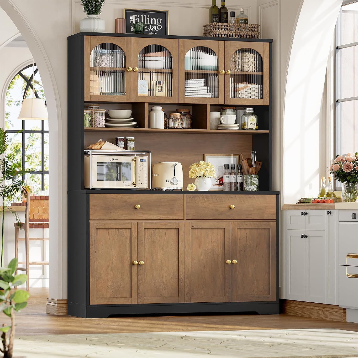 FINETONES 71' Pantry Cabinet, Tall Kitchen Pantry Storage Cabinet with Charging Station, 47.2' Wide Kitchen Hutch Food Storage Cabinets with Open Countertop for Dining Room, Black/Brown