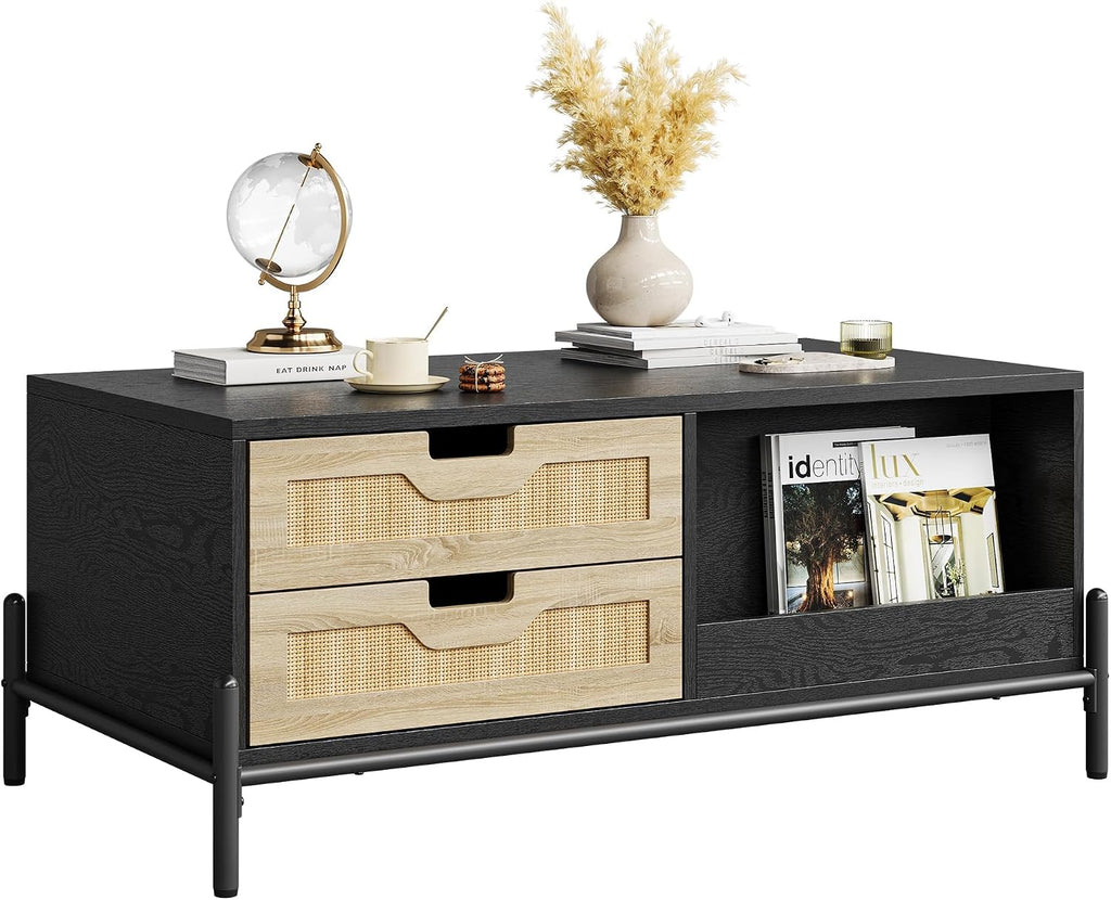 GarveeHome 40.7' Coffee Table with LED Lights for Living Room, Modern Coffee Tables with 4 Drawers and Open Storage Shelf, Farmhouse Coffee Table with Study Metal Legs，Black+Oak