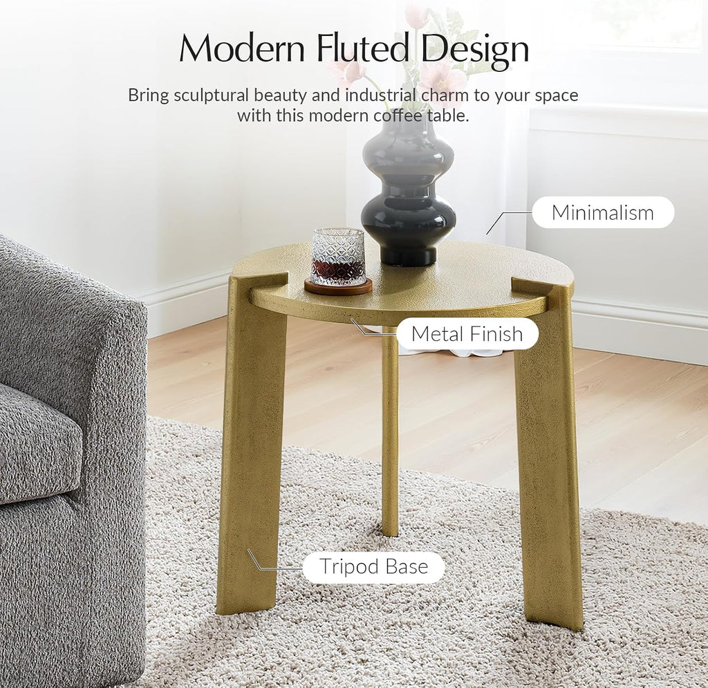 HULALA HOME Round End Table, Wood Fluted Side Table, Modern Accent Table for Living Room, Apartment, Office, Easy Assembly, Gold