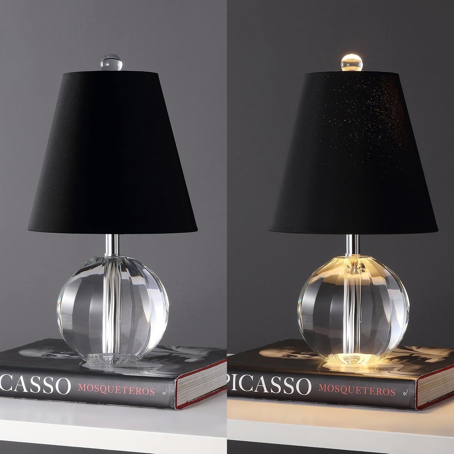 JONATHAN Y 16' Clear/Black Crystal Ball LED Table Lamp, White Modern Bedside Lamp, with White Linen Empire Shade, Glam Orb Glass Nightstand Lamp for Living Room, LED Bulb (JYL2079B)