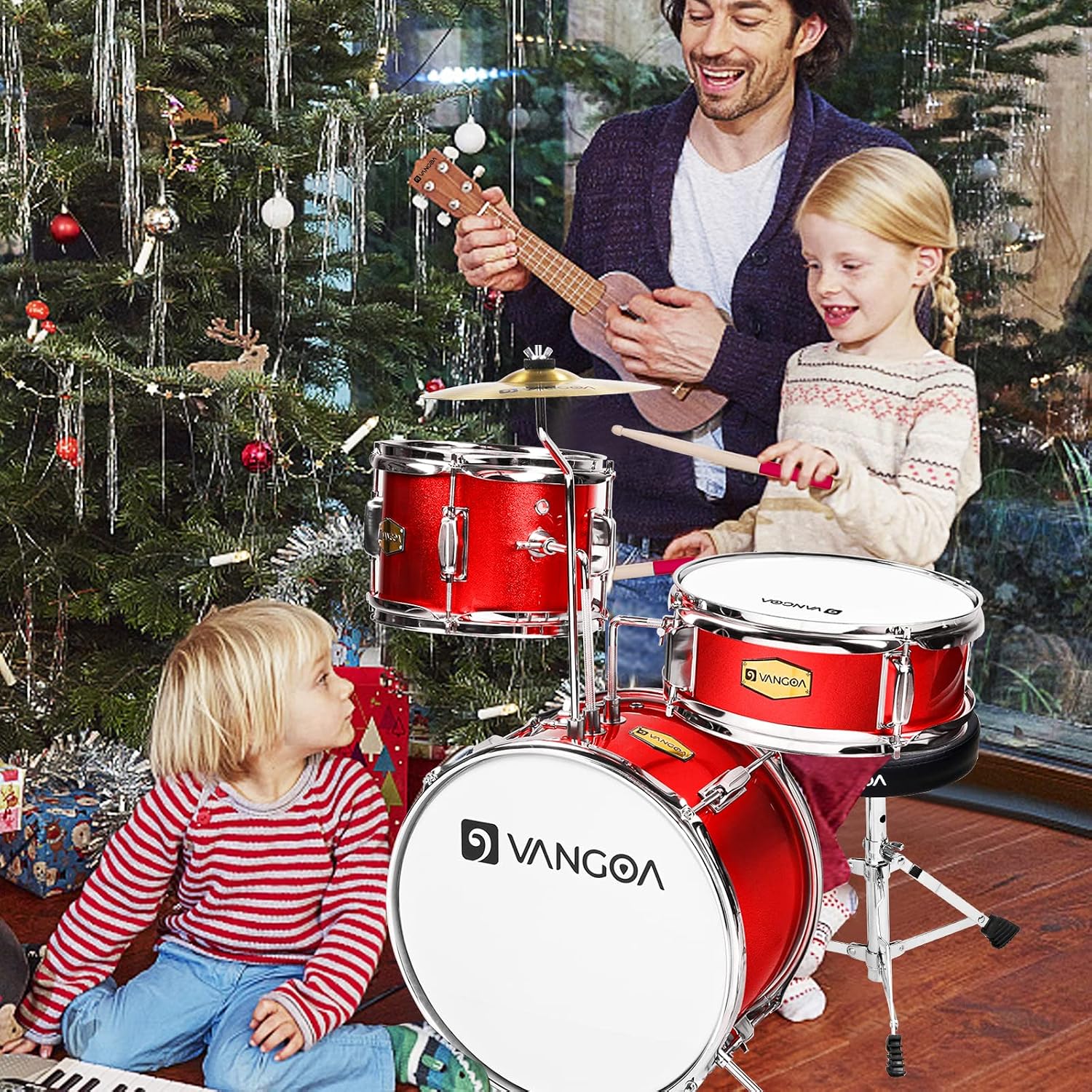 Kids Drum Set Vangoa 3-Piece Beginner, 14' Junior Drums Kit w/Bass Tom Snare drum, Adjustable Throne Cymbal Pedal & Drumsticks, Complete Starter Drumset Full Bundle for Children Boys Ages 3-12
