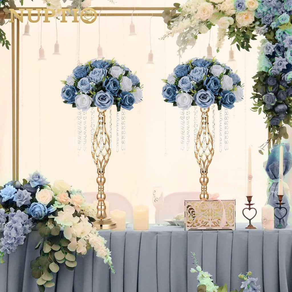 NUPTIO Artificial Flower Centrepieces for Tables - 10 Pcs Dusty聽Blue & White Fake Flowers Roses Balls 13.8in Diameter - Silk Faux Rose Arrangement for Wedding Party Centerpiece Table Decorations