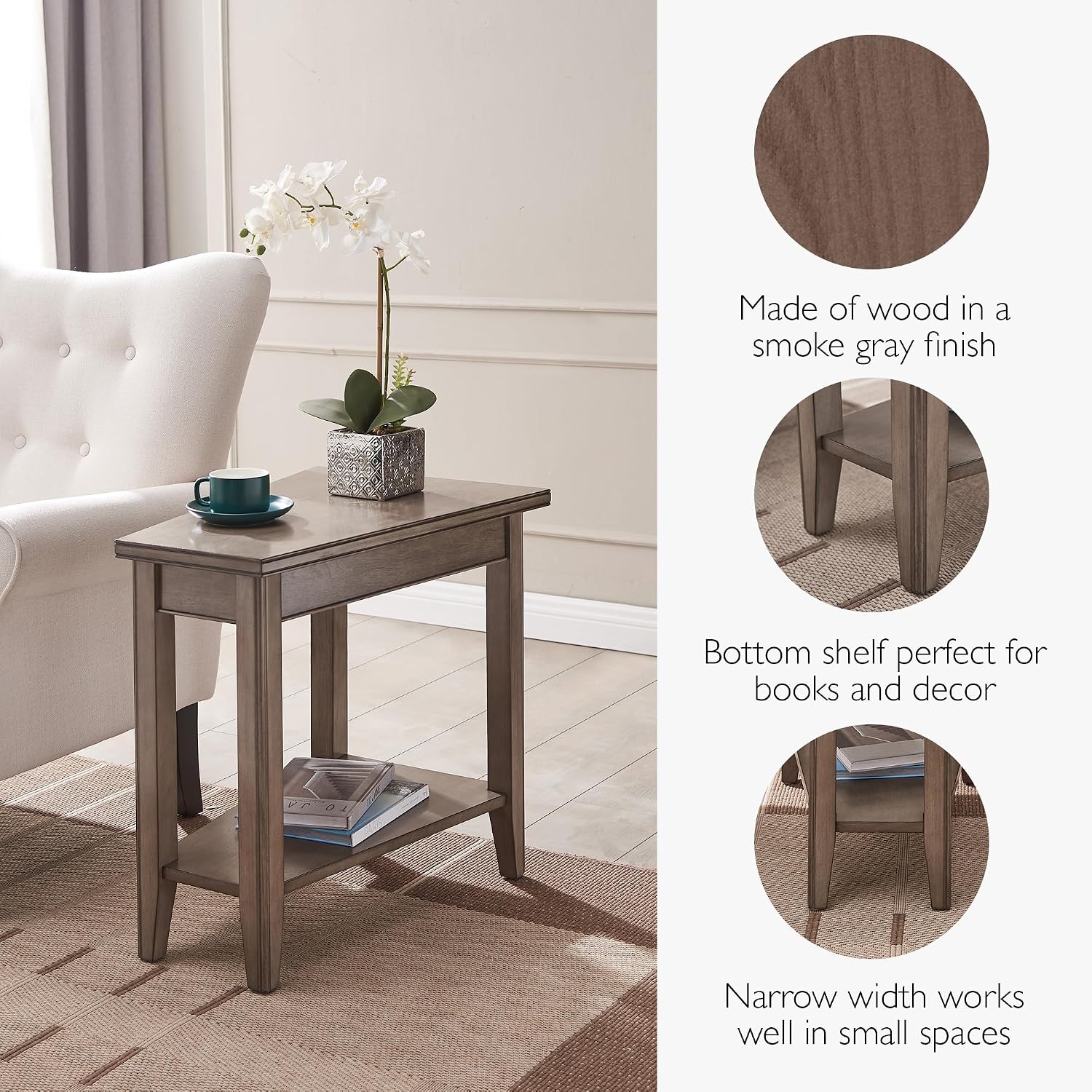 Leick Home Laurent End Table, Solid Wood, Wedge Shape, with Shelf, for Living Room and Small Spaces, Gray, 10502-GR