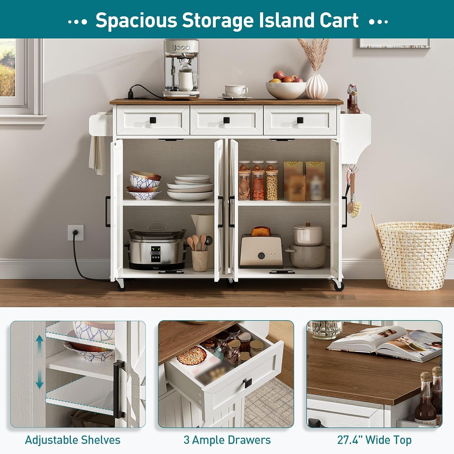 RALGEND Kitchen Island with Drop Leaf & Power Outlet, Rolling Kitchen Island Cart On Wheels, Barn Door Kitchen Island Table with Storage and Tower Rack, Island Table for Kitchen, White and Walnut