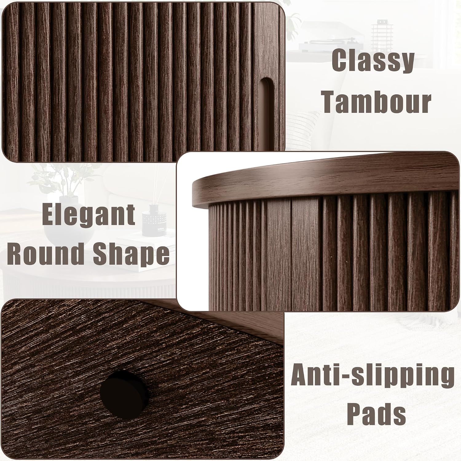 LINSY HOME Round Coffee Table, 31.5' Drum Coffee Table with Sliding Tambour Door, Fluted Accent Center Table with Storage, Mid Century Modern Coffee Table for Living Room, Walnut
