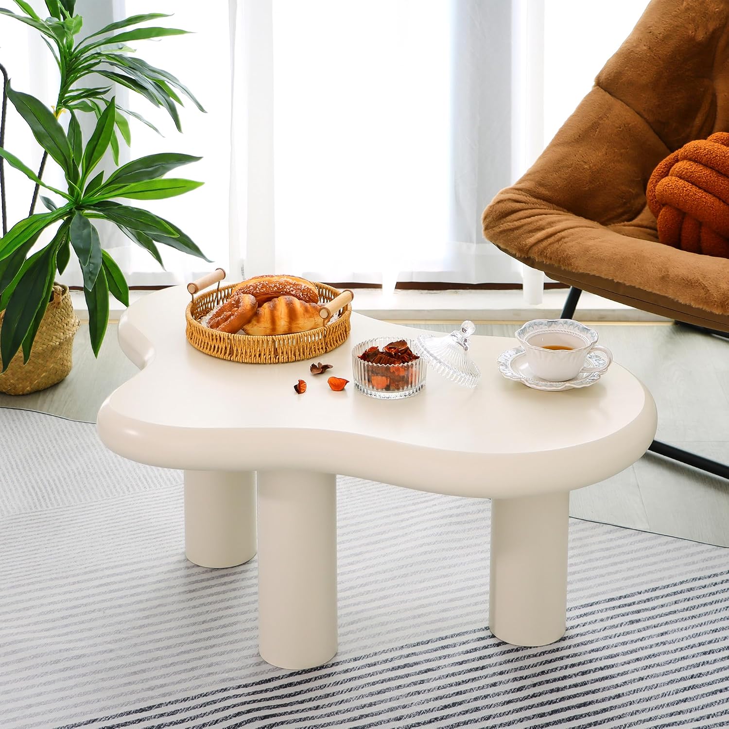 34'(L) Cloud Coffee Table, Modern Wood Coffee Table for Living Room, Accent Center Tables with 3 Legs, Small Tea Tables for Balcony, Patio, Bedroom, Cream White