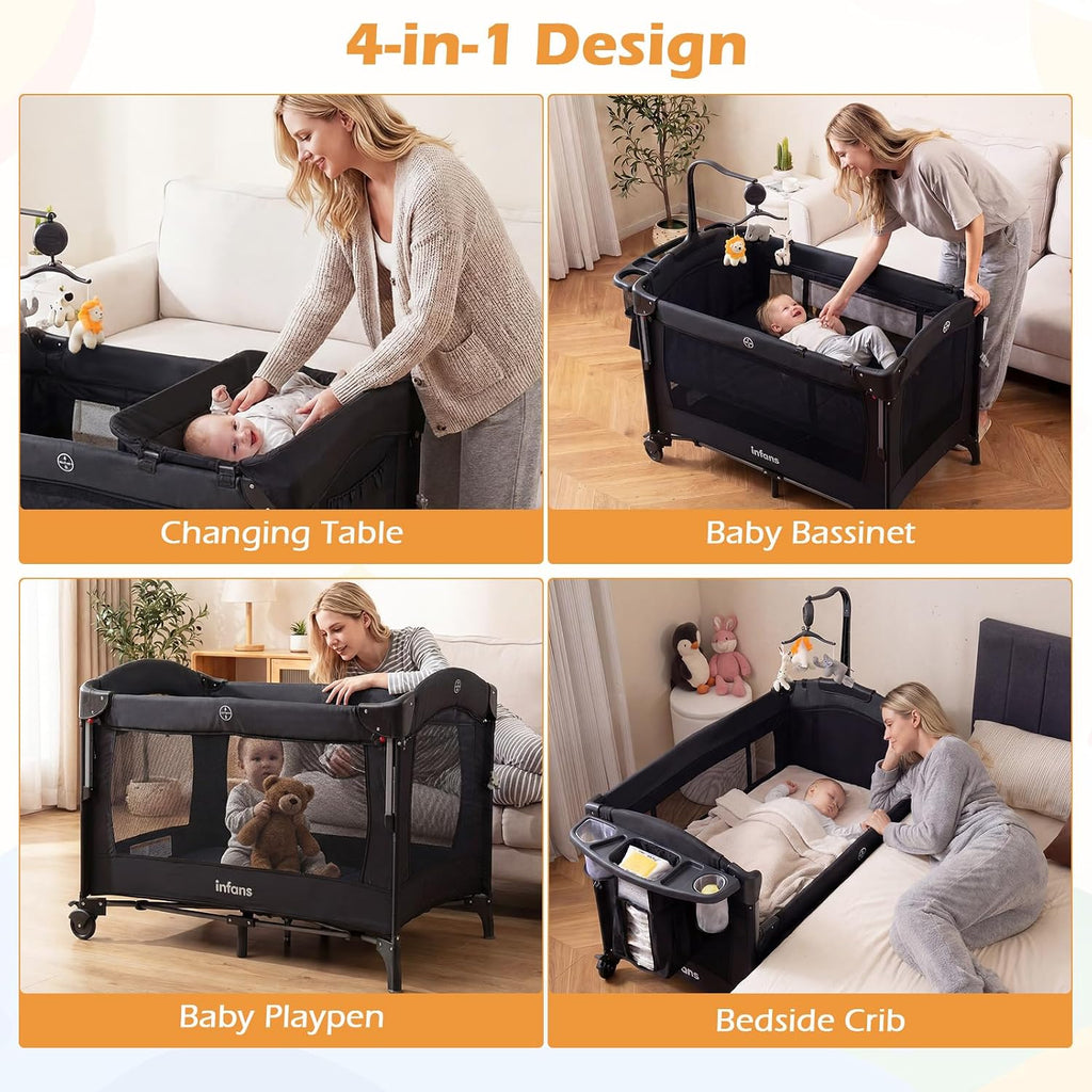 INFANS 4 in 1 Baby Bassinet, Converts Pack and Play to Portable Bedside Crib Sleeper with Diaper Changer, Mattress, Carry Bag, Music Box, Hanging Toys for Infants Toddlers (Black)