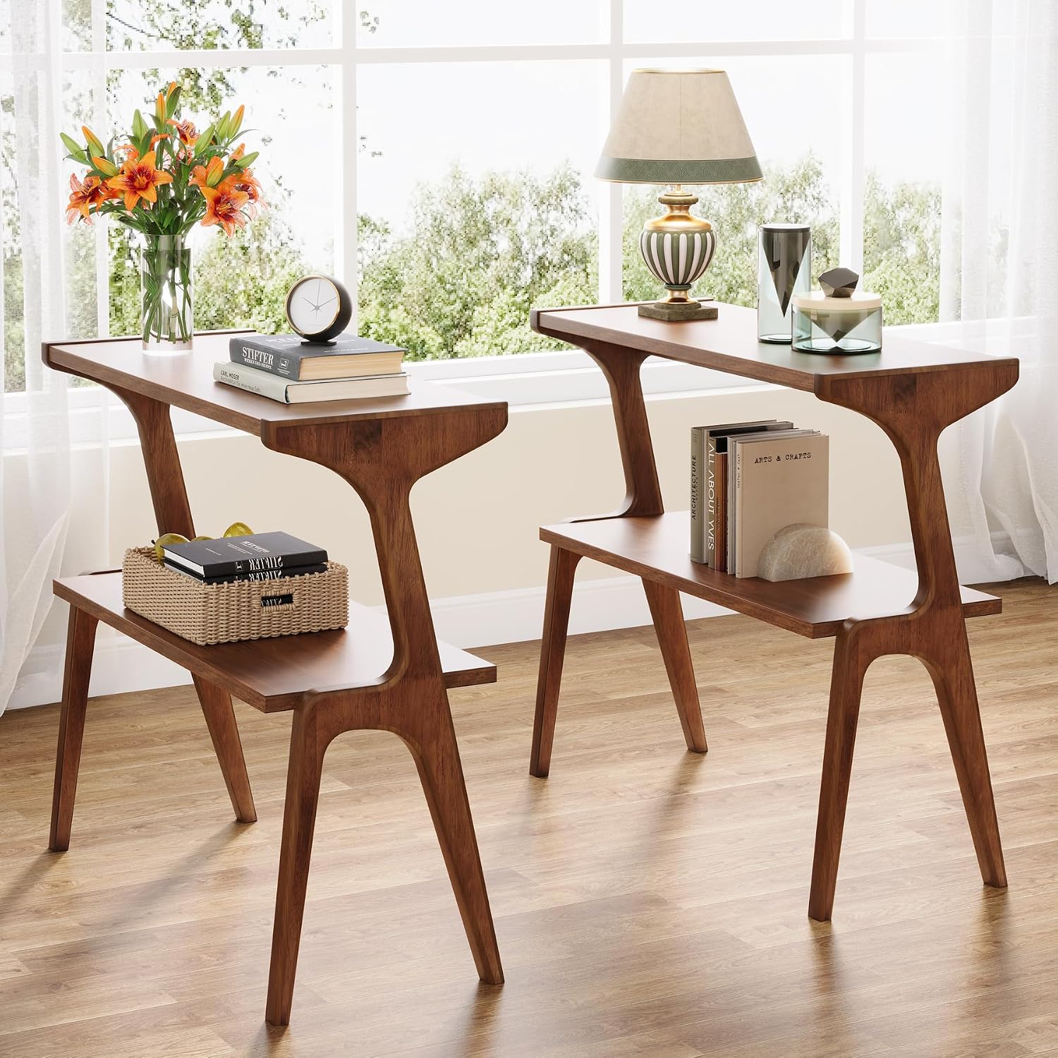 Tribesigns Set of 2 Wood End Table, Rustic Couch Side Table, Farmhouse Narrow Bedside Table for Bedroom, Living Room, Small Spaces, Easy Assembly, Rustic Brown