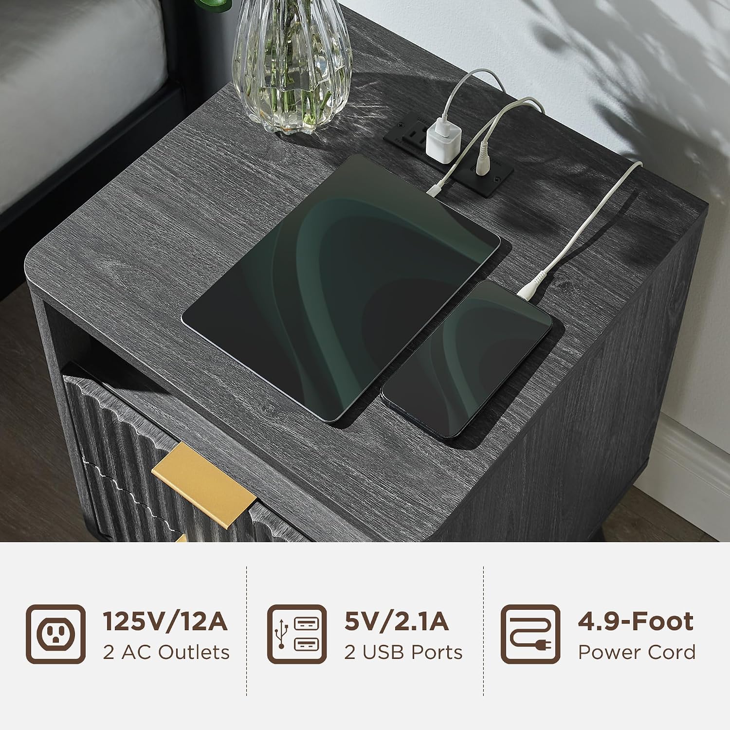 T4TREAM Fluted Nightstand Set of 2 with Charging Station, 18' Modern Side Table, 2 Drawers End Table with Storage, Bedside for Bedroom, Living Room, Curved Profile Design, Dark Alder