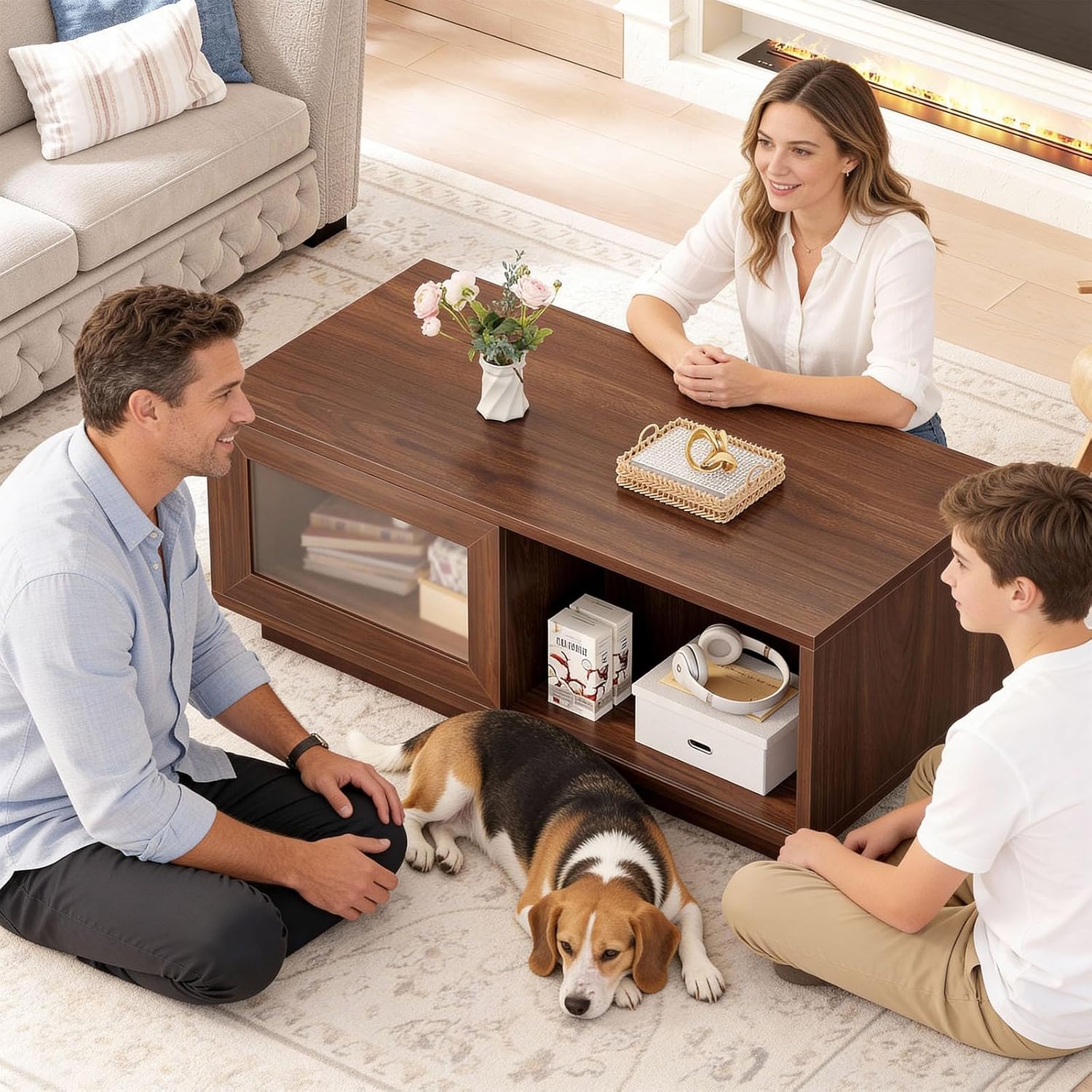 HSH Walnut Coffee Table for Living Room, 47 Inch Modern Wood Rectangle Coffee Tables with Sliding Door and Storage Open Shelf, Large Low Center Table for Home Decor