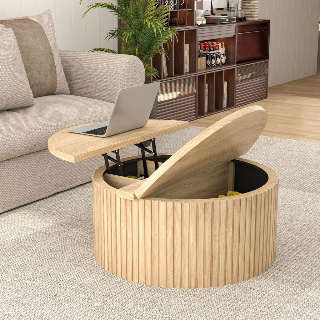 Fsbecl Fluted Lift Top Coffee Table with Storage, 34.6'' Round Coffee Tables for Living Room, Circle Wood Center Table with Hidden Conpartment (Wood Color)