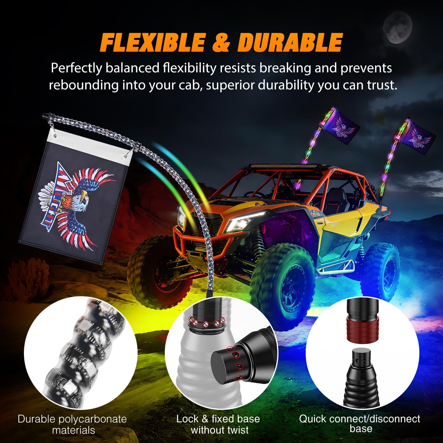 Nilight 2PCS 3FT RGB LED Whip Light with Spring Base and 6 PCS Rock Lights Combo, Remote App Control w/DIY Chasing Patterns Turn Signal Brake Reverse Antenna Lighted Whips for ATV UTV Polaris RZR Jeep