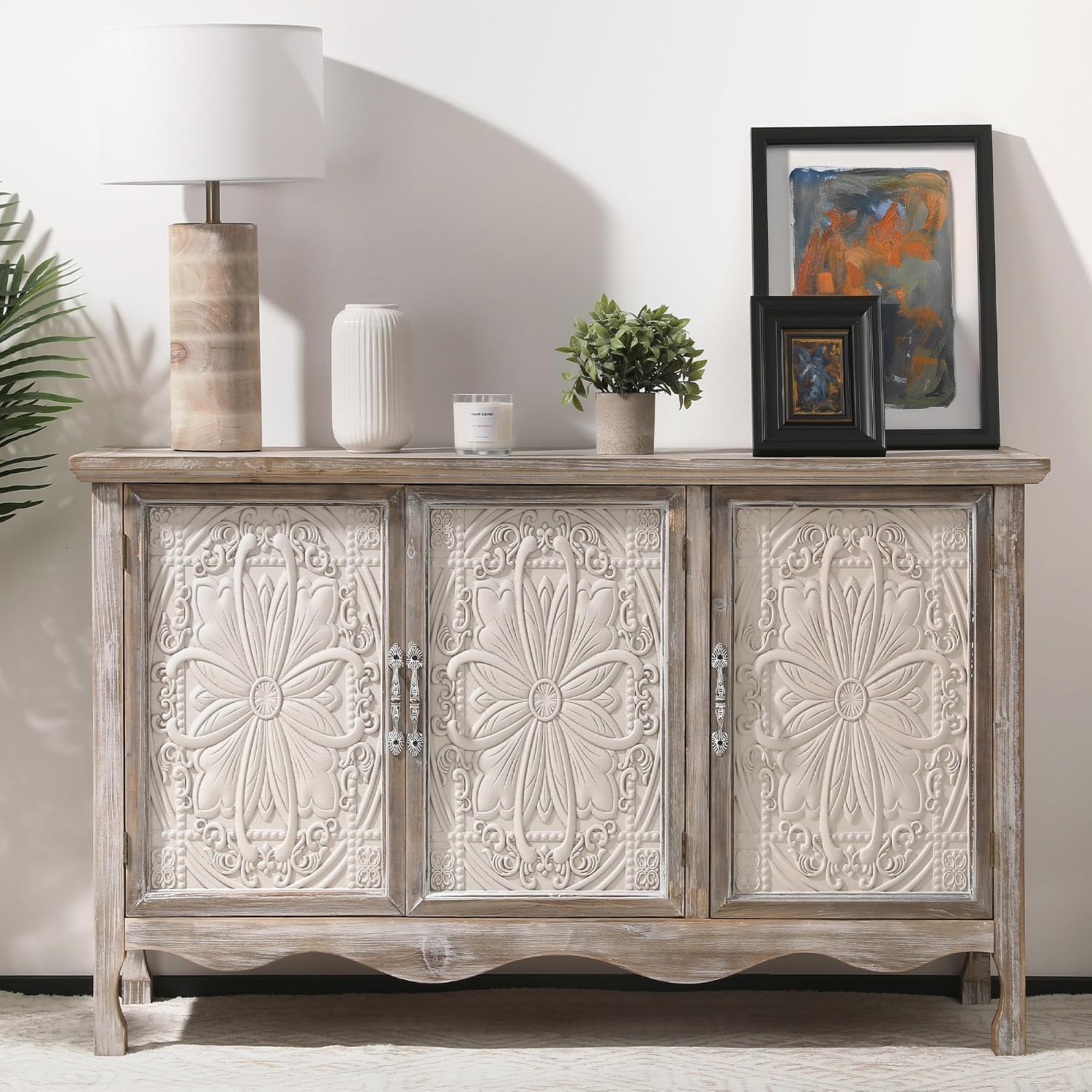 RoyalCraft Buffet Cabinet with Storage, Vintage Solid Wood Sideboard with 3 Carved Doors, Painted Coffee Bar Console Table for Dining Room, Living Room, Kitchen, Distressed Black