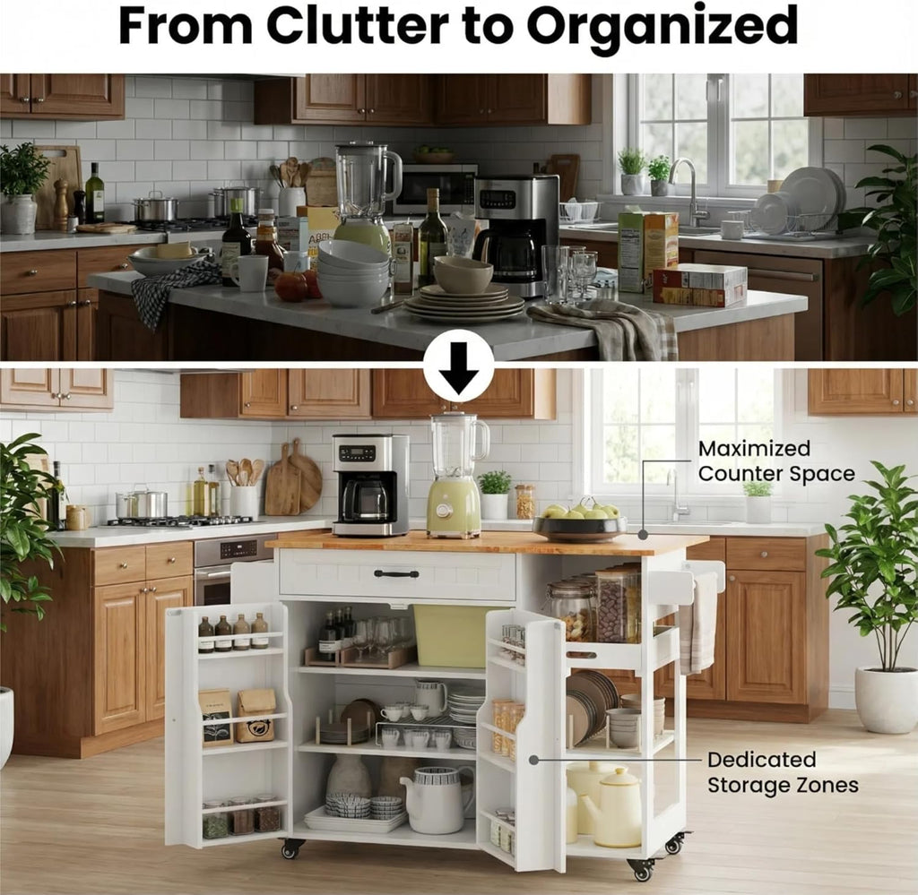 Gizoon Update Kitchen Island, 41.7' W Kitchen Island with Storage, Rolling Island Table on 5 Wheels, with Drop Leaf, Refrigerator Door, Adjustable Shelf, Spice/Towel Rack, Removable Tray, White