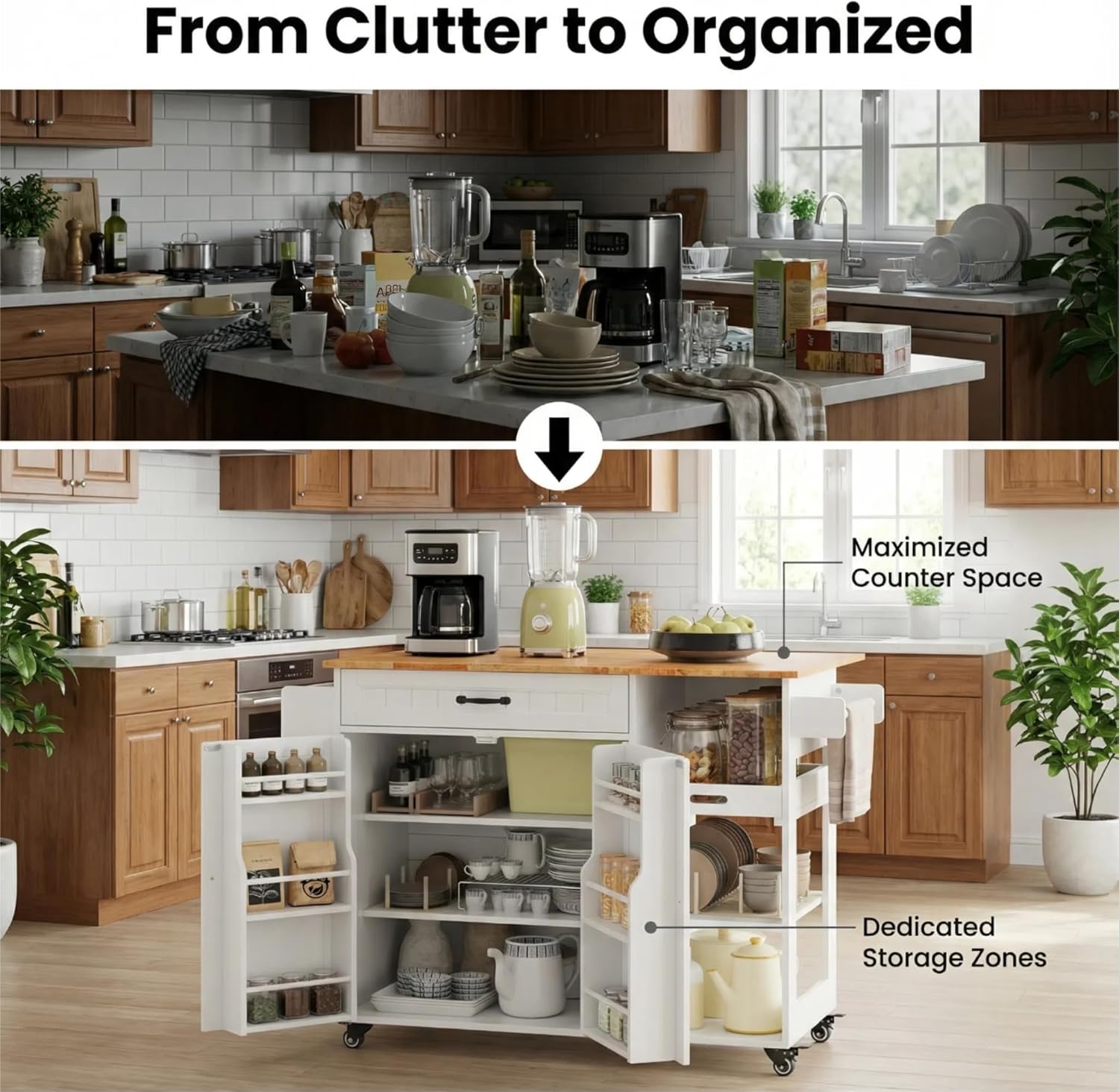Gizoon Update Kitchen Island, 41.7' W Kitchen Island with Storage, Rolling Island Table on 5 Wheels, with Drop Leaf, Refrigerator Door, Adjustable Shelf, Spice/Towel Rack, Removable Tray, White